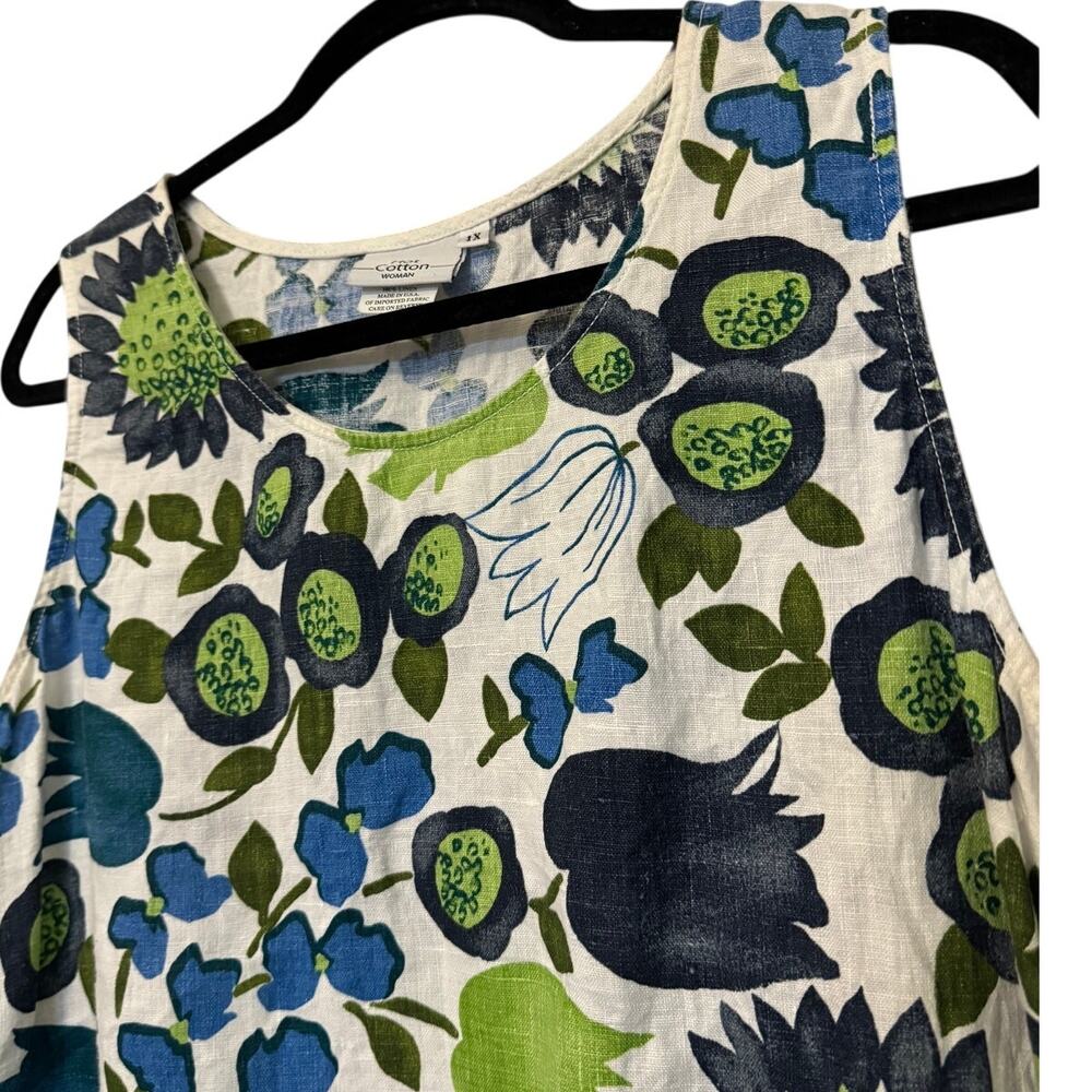 Hot Cotton Womens Multicolor Floral 100% Linen Sleeveless Crew Neck Tank Tops 1X - Picture 2 of 5